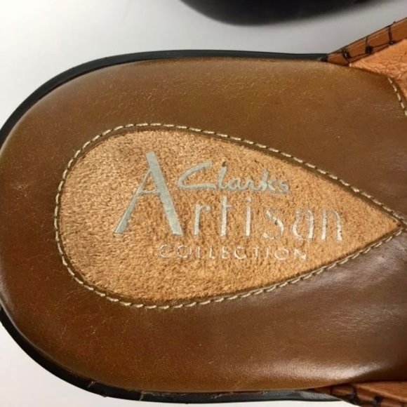 Clarks Womens Tan Brown Leather Heeled Mules Basket Weave Comfort Shoes size 7 - Picture 13 of 16